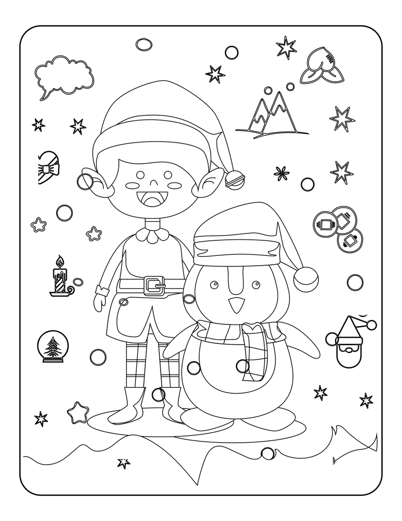 Christmas coloring page featuring a holiday elf and penguin standing near a snow globe and winter mountains.