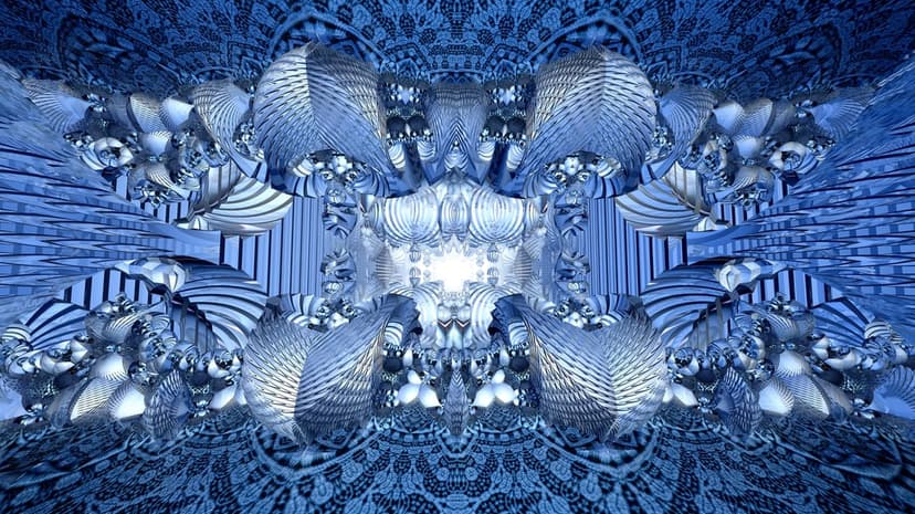 Overlapping cyan geometric shapes form a symmetrical fractal pattern with glowing edges and dark shadows.