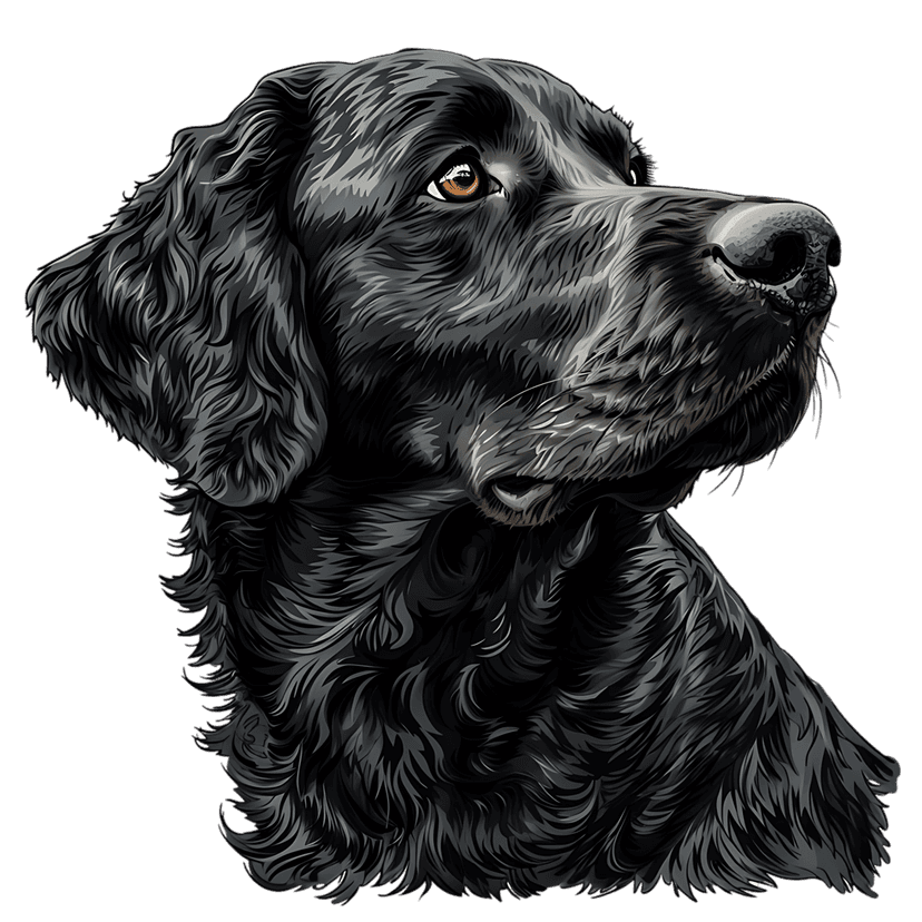 Black Flat-Coated Retriever dog portrait featuring amber eyes and glossy wavy fur on a black background.