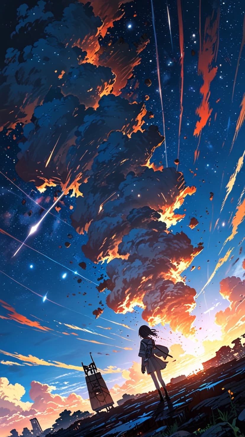 Young girl on a rocky cliff gazes at bright meteors streaking across a red sunset and starry blue sky.