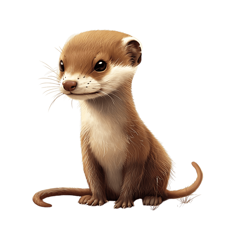Brown white weasel digital illustration sits against a black background showing soft fur and long whiskers.
