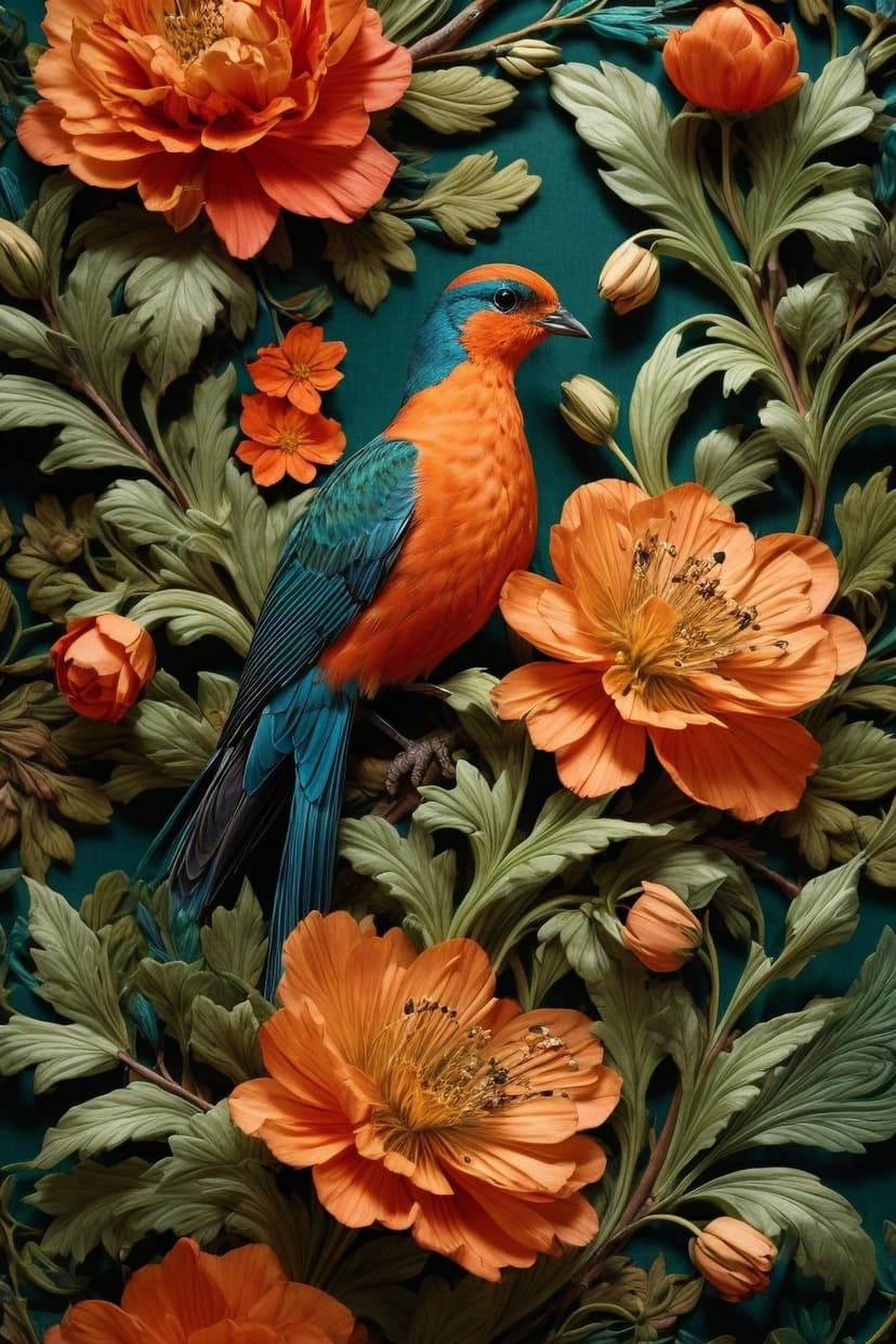 Blue and orange bird perching among bright orange flower petals and deep green leaves in a dense tropical garden.