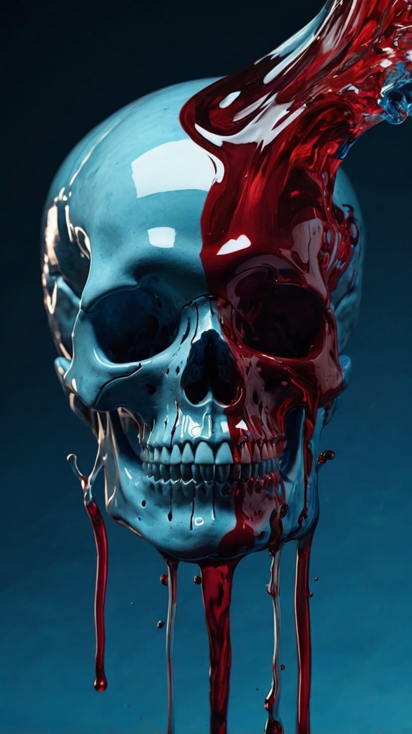 Human skull covered in thick red liquid dripping over a smooth blue surface with high-gloss lighting.