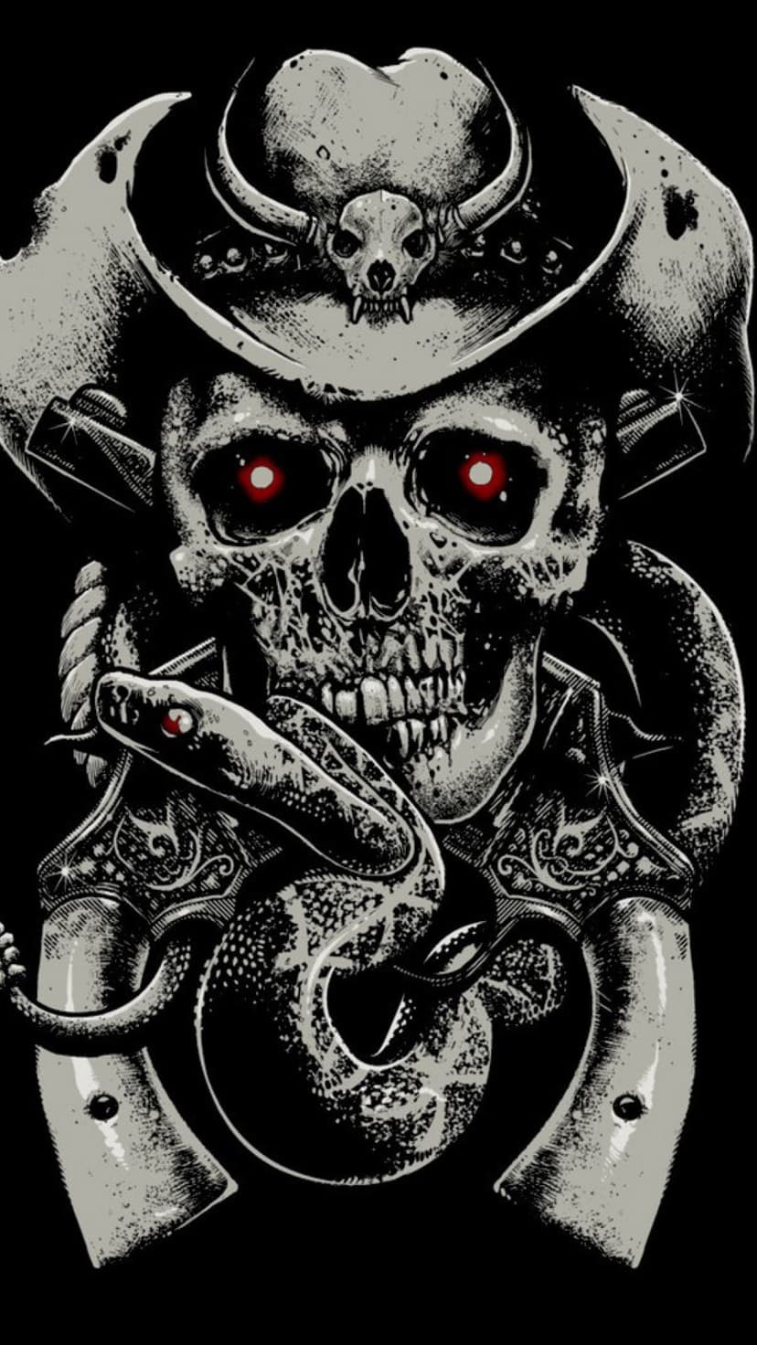 Horned skull wearing a cowboy hat entwined by a red-eyed snake above ornate revolvers in monochrome tones.