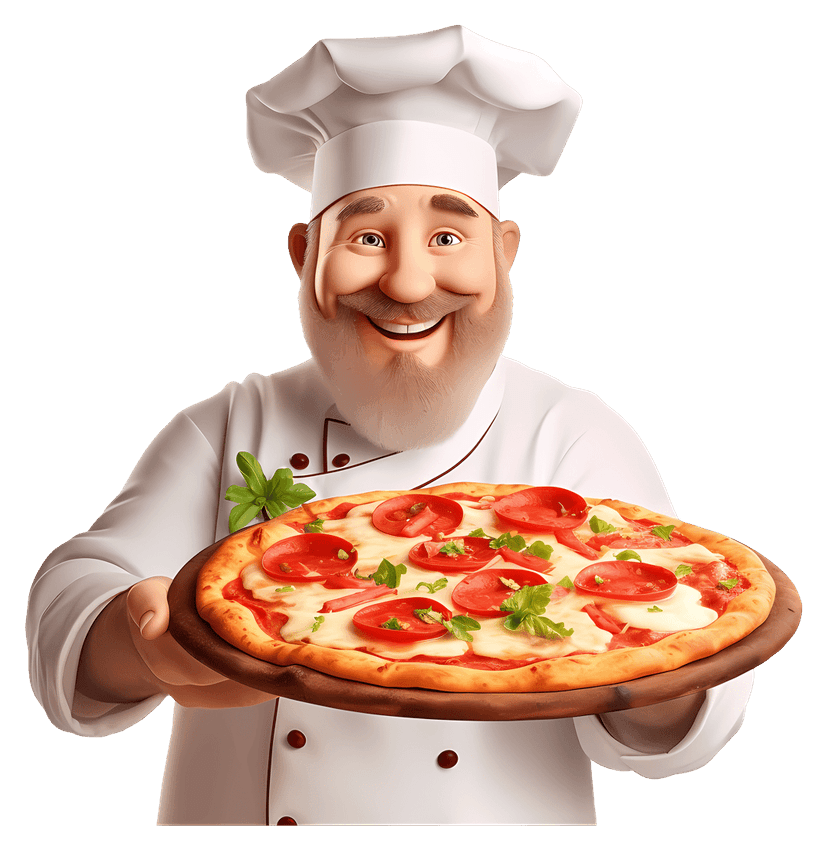 Smiling chef character holding a pizza with red pepperoni toppings and a traditional white hat illustration.