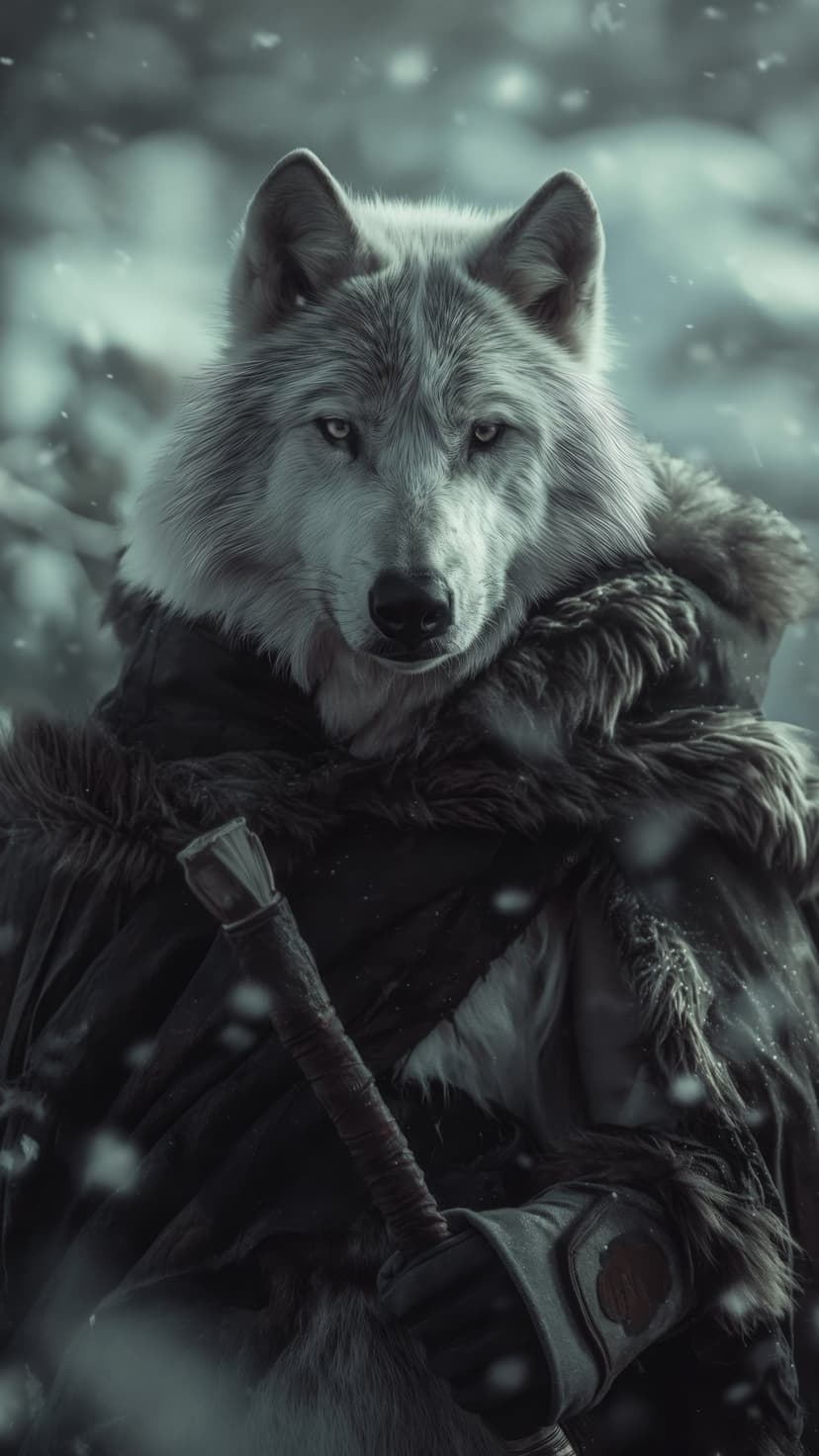 Wolf warrior with blue eyes holds a sword while wearing fur armor in a snowy forest during a winter blizzard.