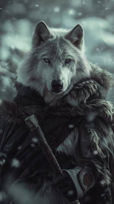 Majestic Wolf Warrior in Snowy Forest with Sword