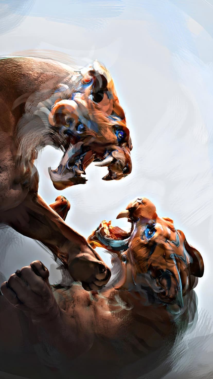 Two stylized tigers with glowing blue eyes engage in a fierce battle using bold orange and white brushstrokes.