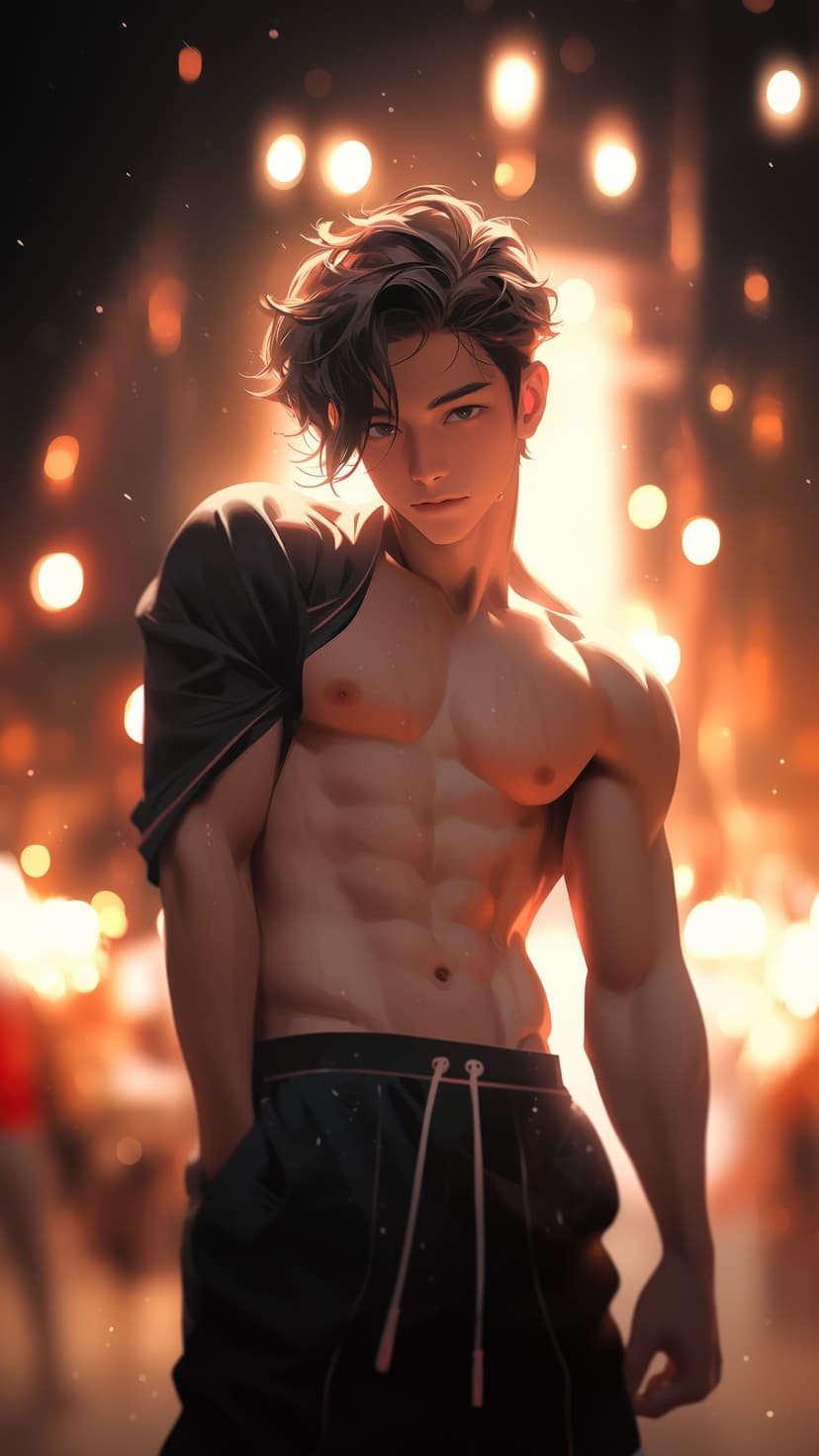 Muscular anime man with defined abs and shirt draped over his shoulder stands against a warm bokeh background.
