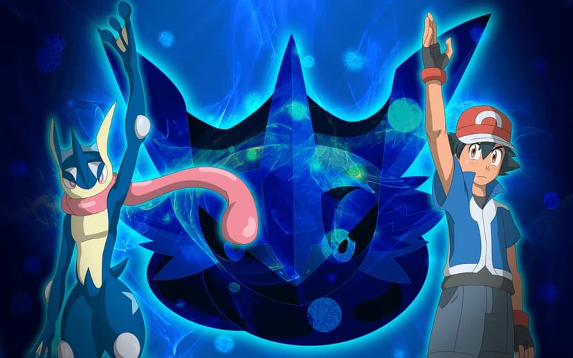 Ash Ketchum and Greninja raising their arms against a glowing blue energy background with a central stylized crest.