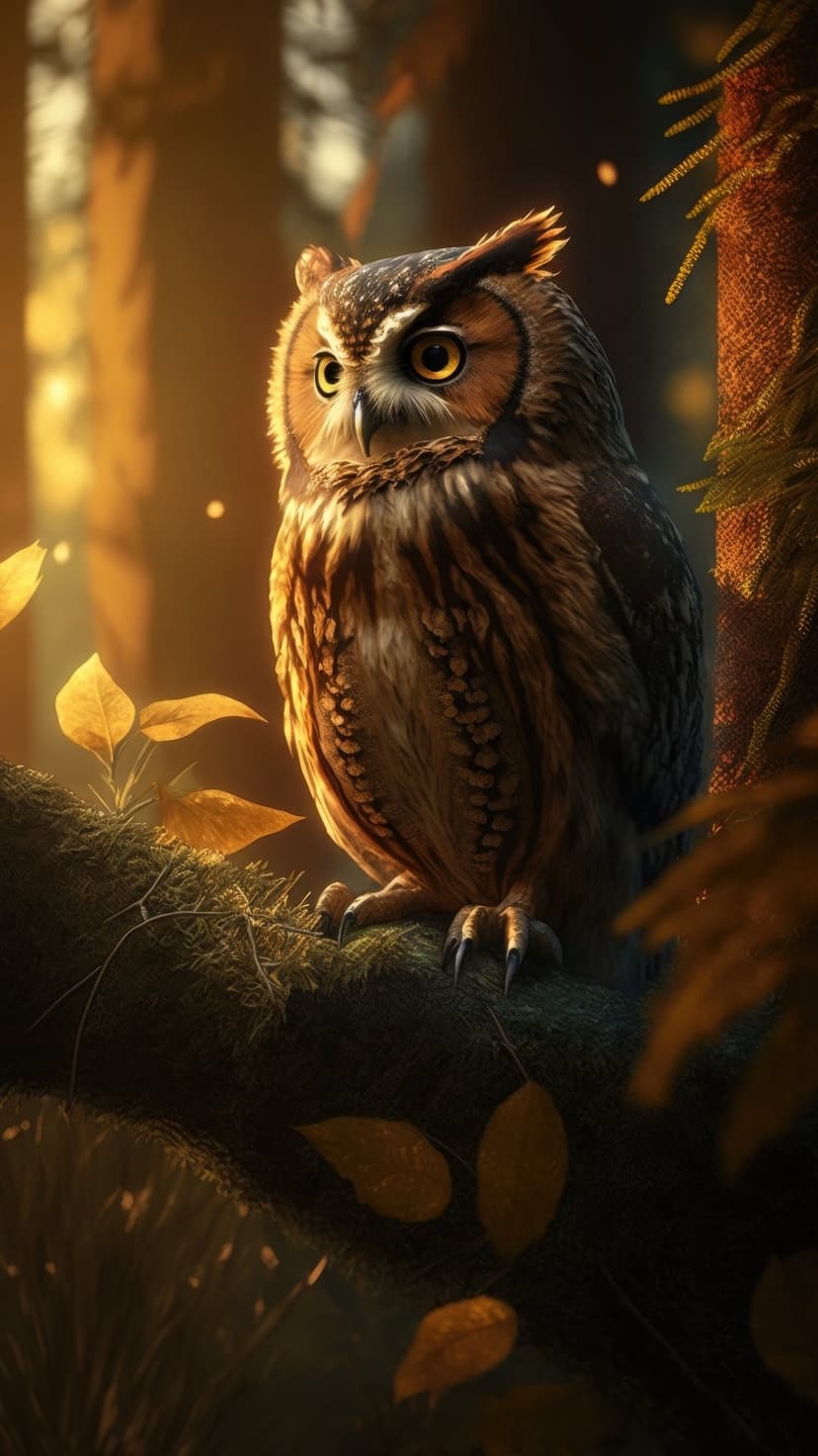 Great horned owl with yellow eyes perches on a mossy branch amidst golden sunlight and autumn forest leaves.