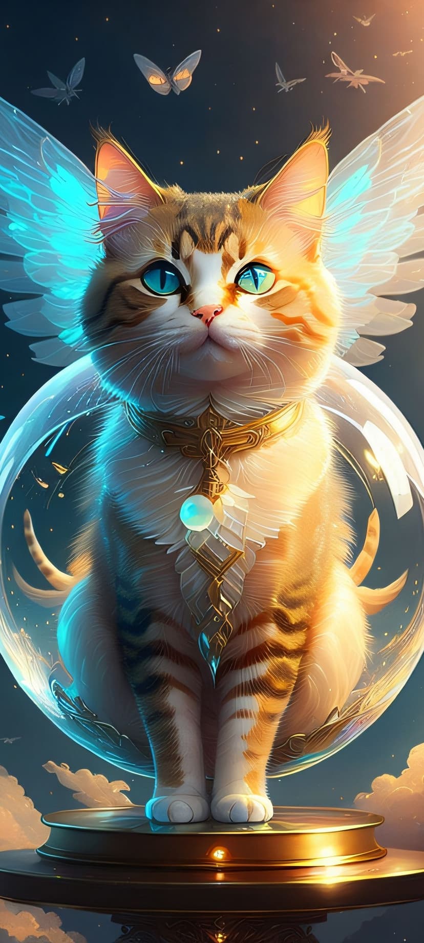 Tabby cat with blue eyes and glowing wings sits inside a cosmic bubble surrounded by butterflies and stars.