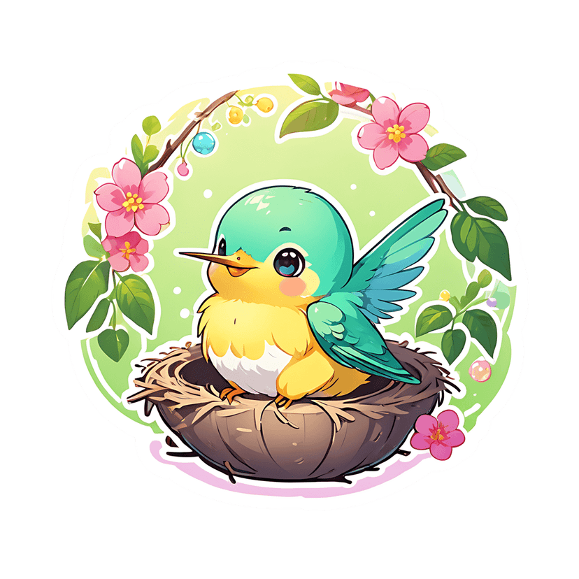 Teal yellow bird sitting in a brown nest surrounded by pink cherry blossoms and berries on a green background.
