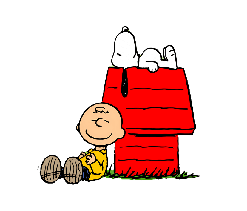 Cartoon beagle resting on a red doghouse roof next to friends in a clean vector comic strip illustration.