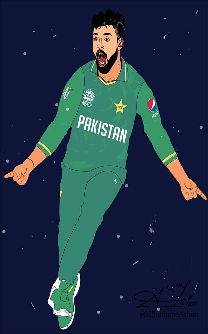 Bearded Pakistani cricket player in a green kit celebrates while floating in a dark blue starry space setting.