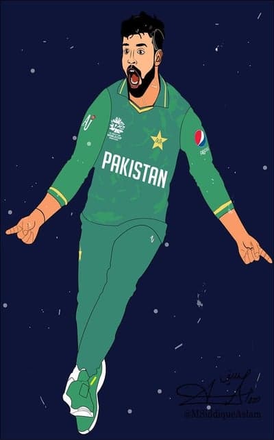 A cartoon drawing of a cricket player celebrating in a space-like setting
