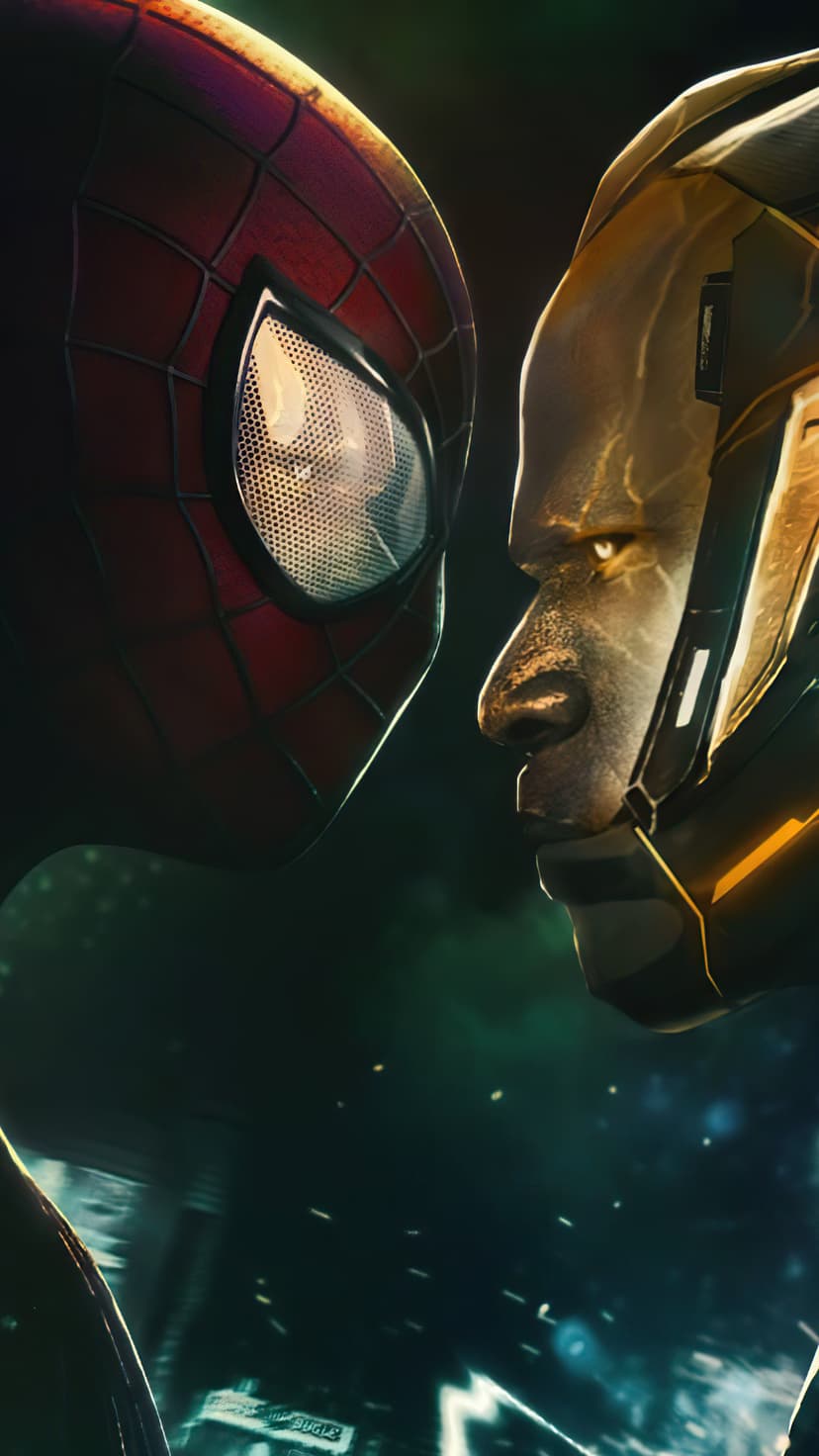 Spider-Man's red textured mask faces Electro's glowing golden armor and sparks in a dark, stormy environment.