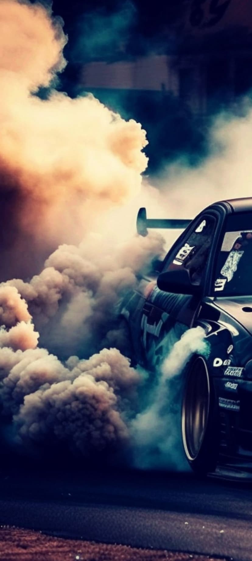 Black drifting car kicks up thick orange and white smoke against a dark sky with a prominent rear spoiler visible.