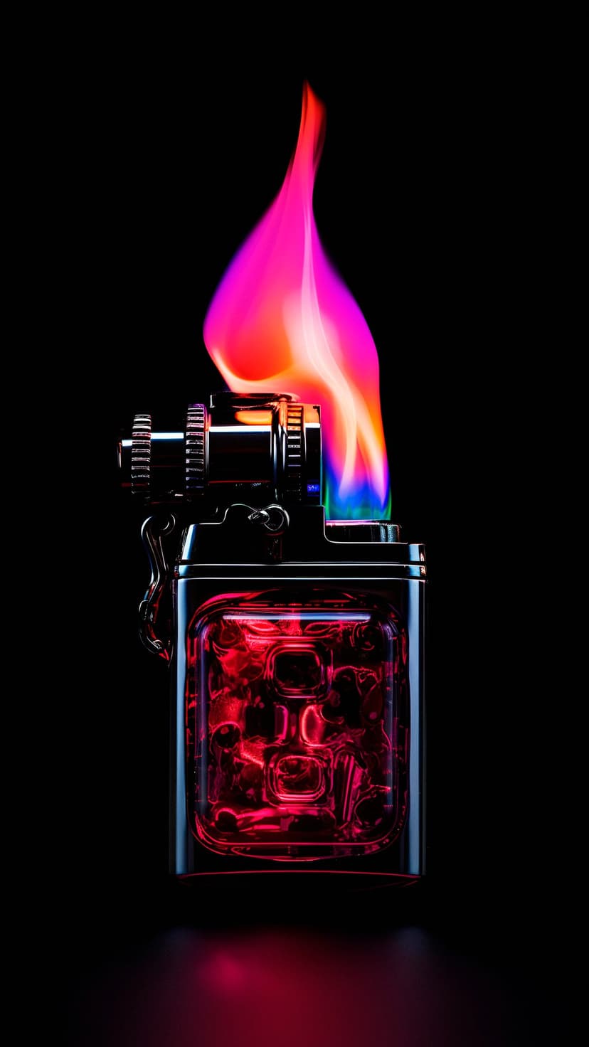 Red transparent lighter produces a spectrum of colorful flames against a dark, high-contrast studio backdrop.