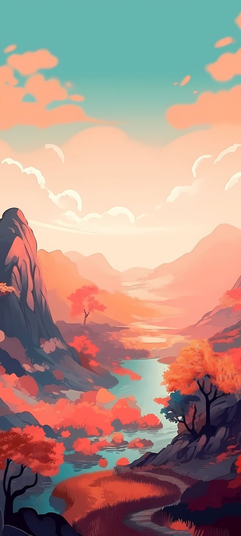 Towering peaks overlook a winding river and orange autumn trees beneath a soft lavender and peach pastel sky.