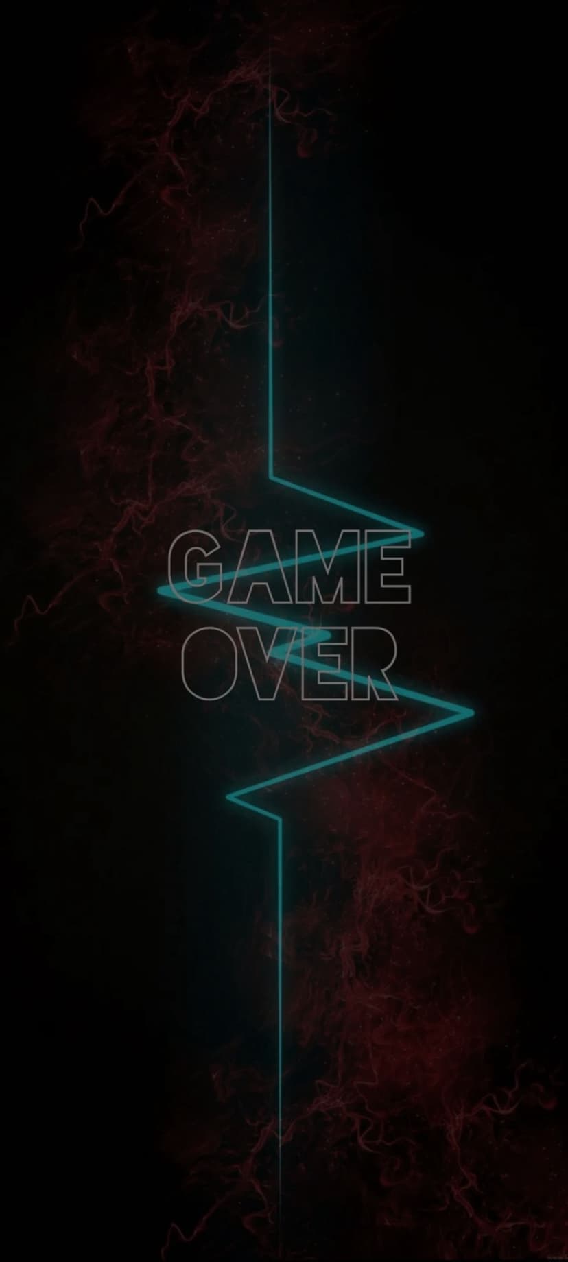 Game Over neon text in electric blue glows against a dark background with red and black swirling textures.