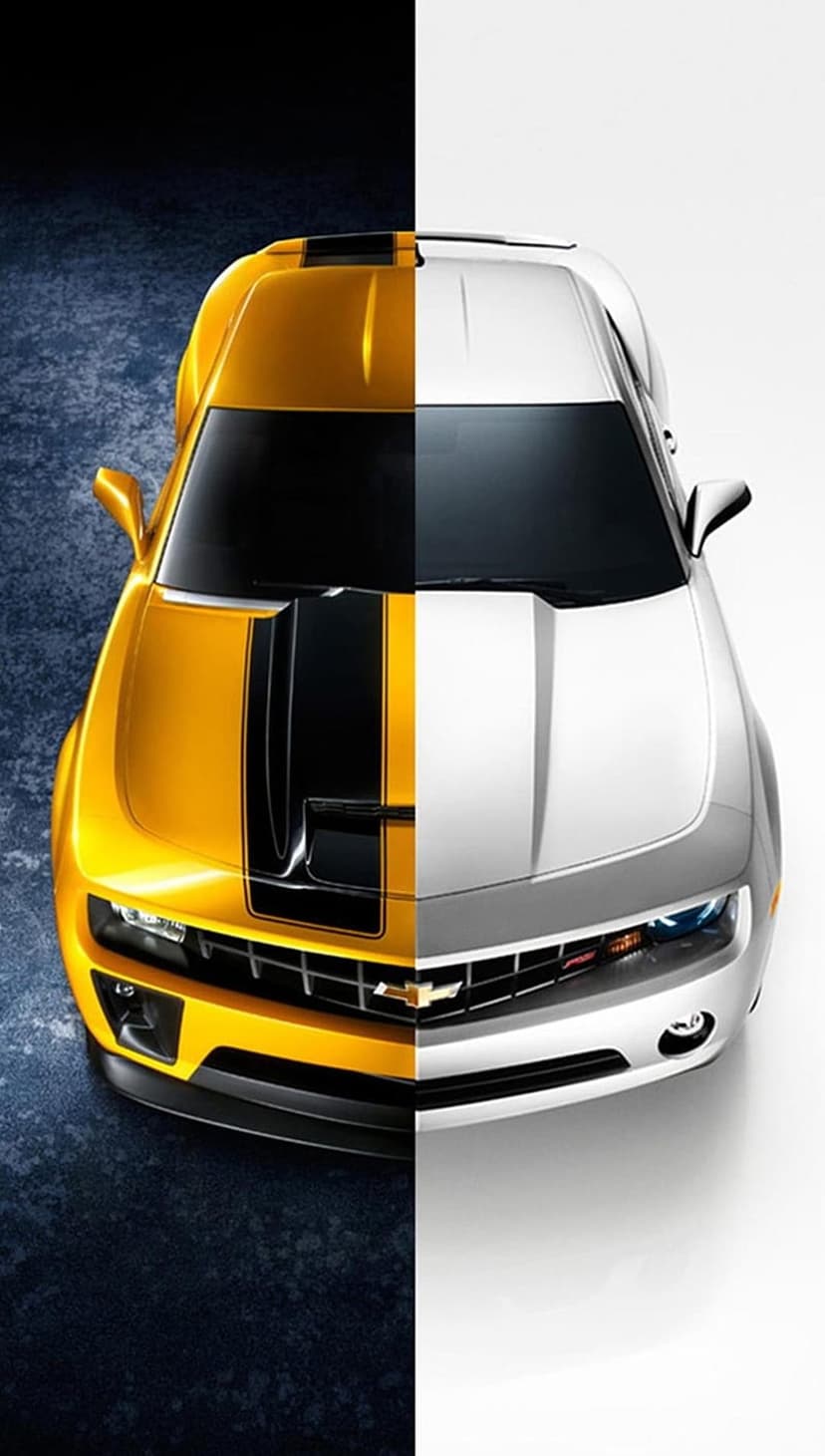 Chevrolet Camaro split between yellow and white paint with black racing stripes and a vertical center line.