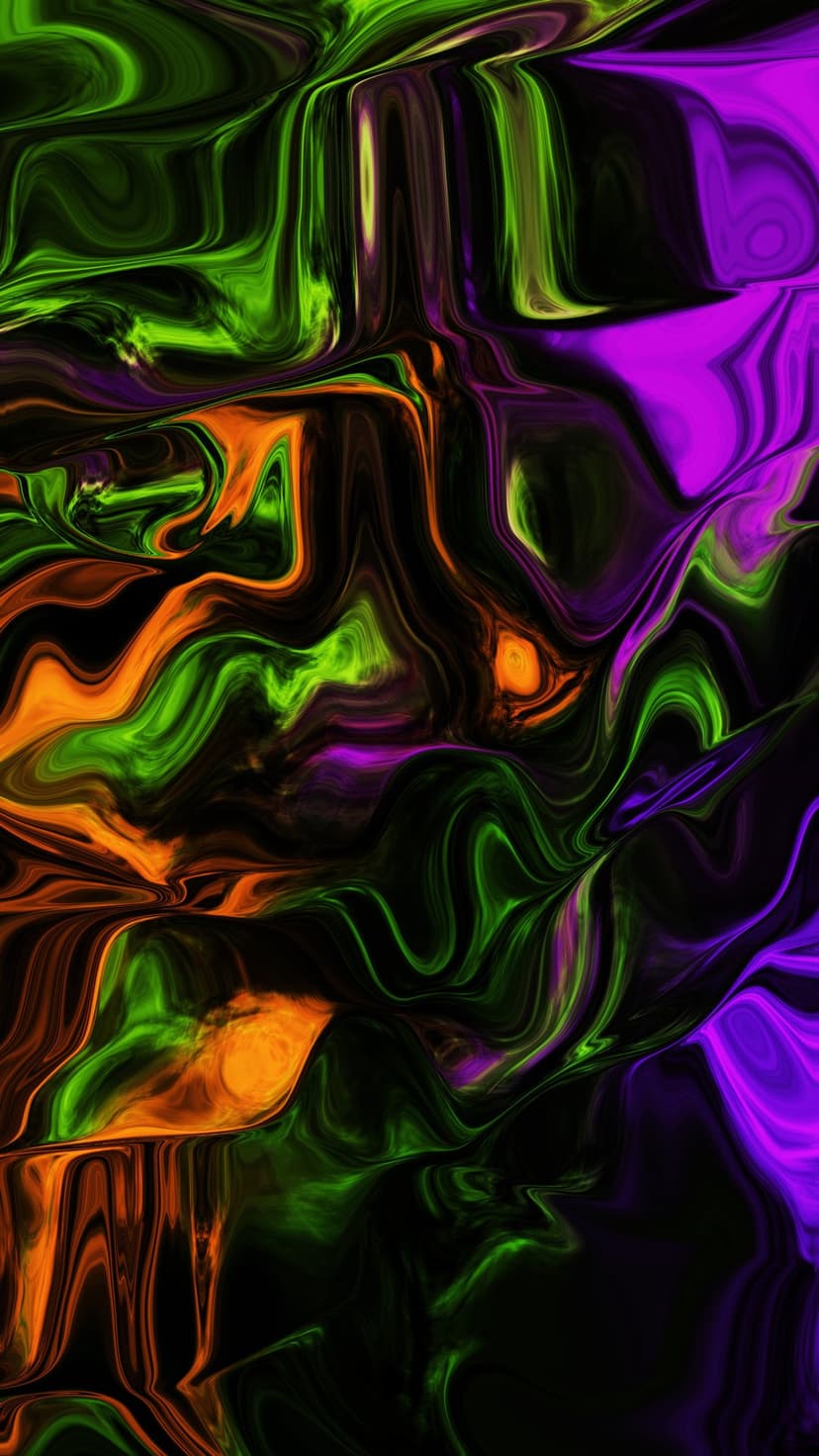 Swirling neon orange, electric green, and deep purple fluid ripples create a glossy, high-contrast abstract scene.