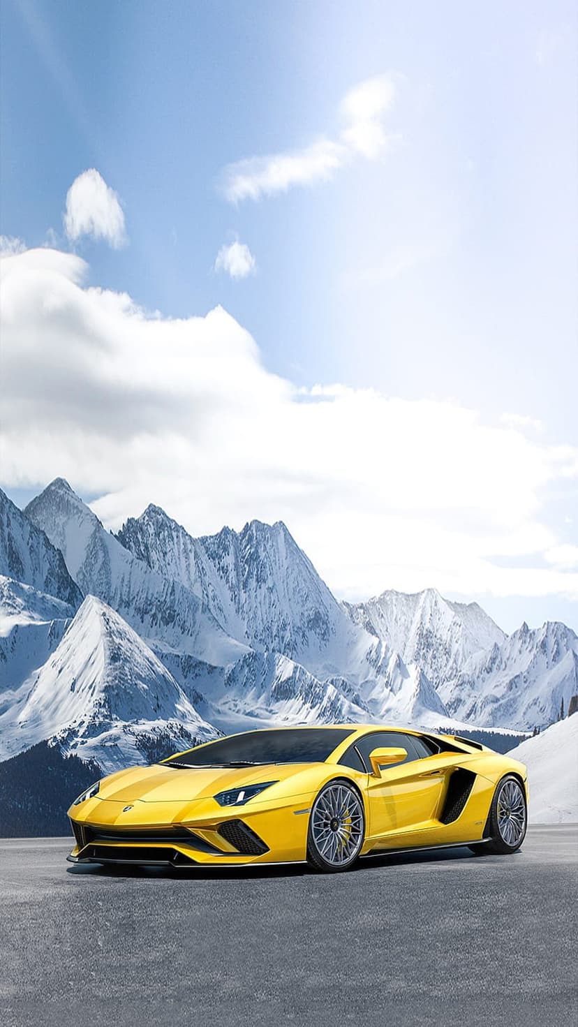 Yellow Lamborghini Aventador parked on a paved road surrounded by snow-covered mountain peaks under a blue sky.