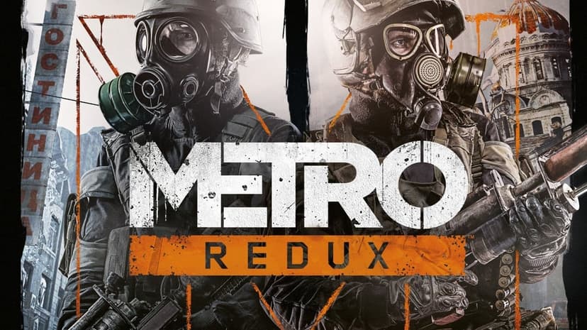 Two soldiers in gas masks and tactical gear stand before a ruined city and cathedral in Metro Redux artwork.