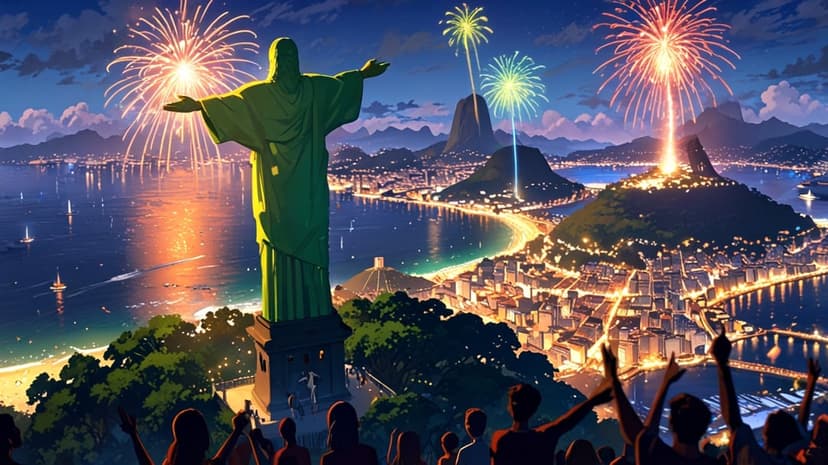 Christ the Redeemer statue overlooks exploding fireworks above the glowing Rio de Janeiro city skyline at night.