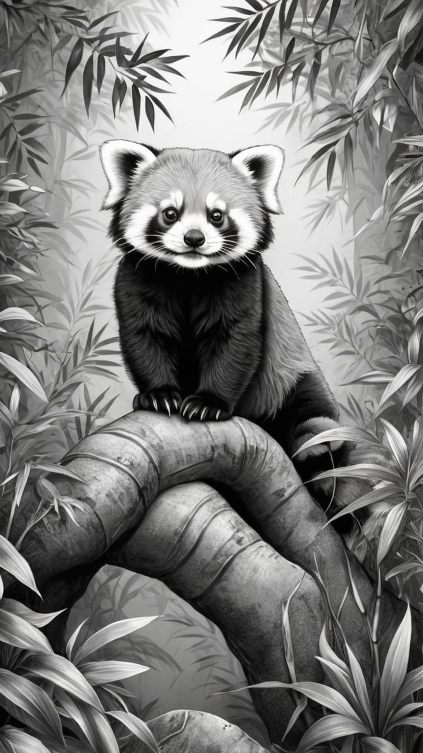 Red panda with fluffy fur and a ringed tail sits on a tree branch among tall bamboo stalks in grayscale tones.