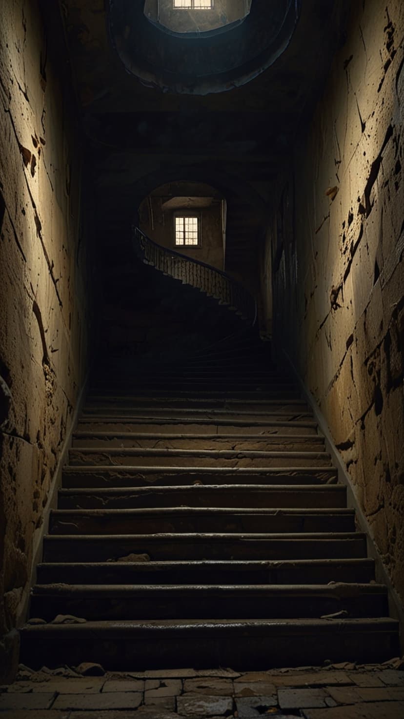 Spiral stone staircase winds upward through a dim tower with light filtering through small iron-gridded windows.