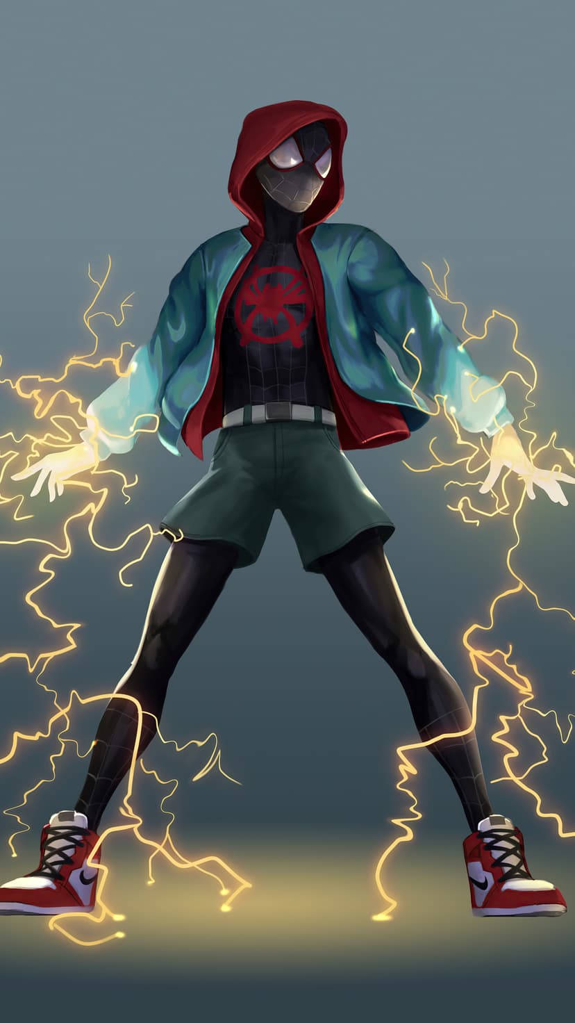Miles Morales in a black spider suit and blue hoodie holds arms out as yellow electricity arcs from his hands.