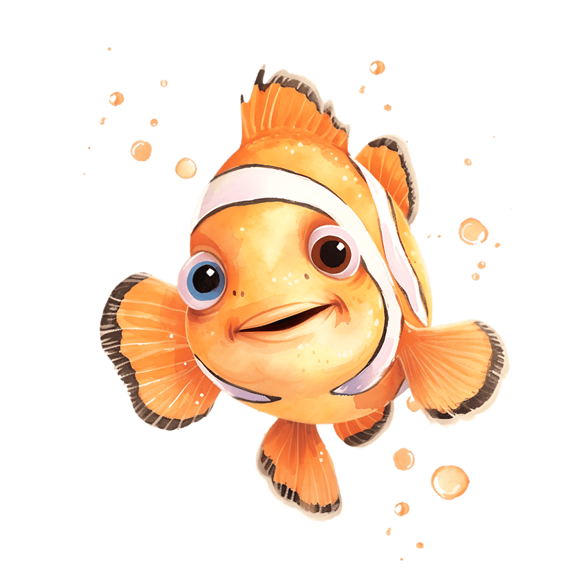 Watercolor clownfish with orange stripes and blue eyes floats beside glowing bubbles on a dark background.