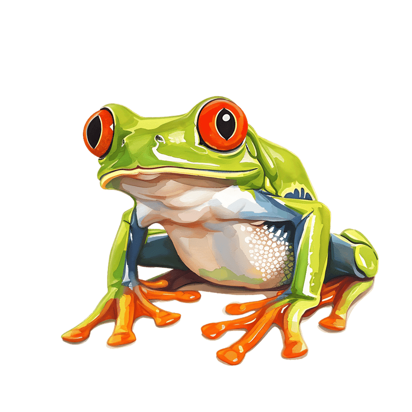Red-eyed tree frog watercolor art showing vivid green skin and scarlet eyes isolated against a dark background.