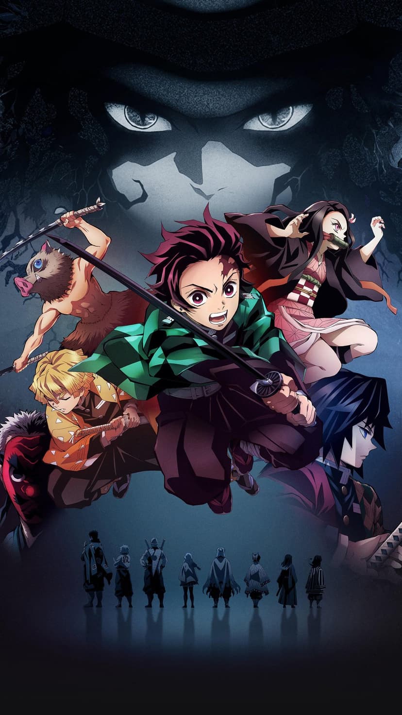 Tanjiro, Nezuko, Zenitsu, and Inosuke stand ready before Hashira silhouettes and massive glowing demonic eyes.