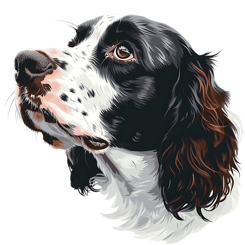 English Springer Spaniel profile illustration showing black white fur textures against a dark background.