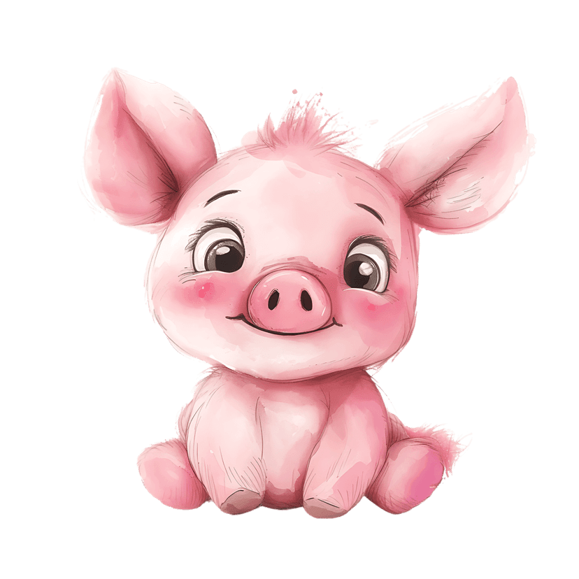 Pink piglet watercolor illustration sitting upright with soft pigment strokes and dark expressive eyes.