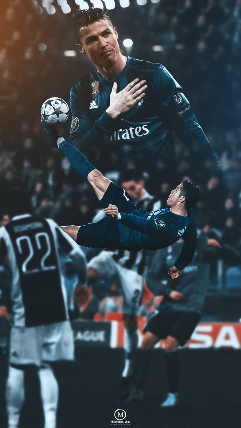 Cristiano Ronaldo suspended mid-air for an overhead kick in a white football jersey with a stadium background.