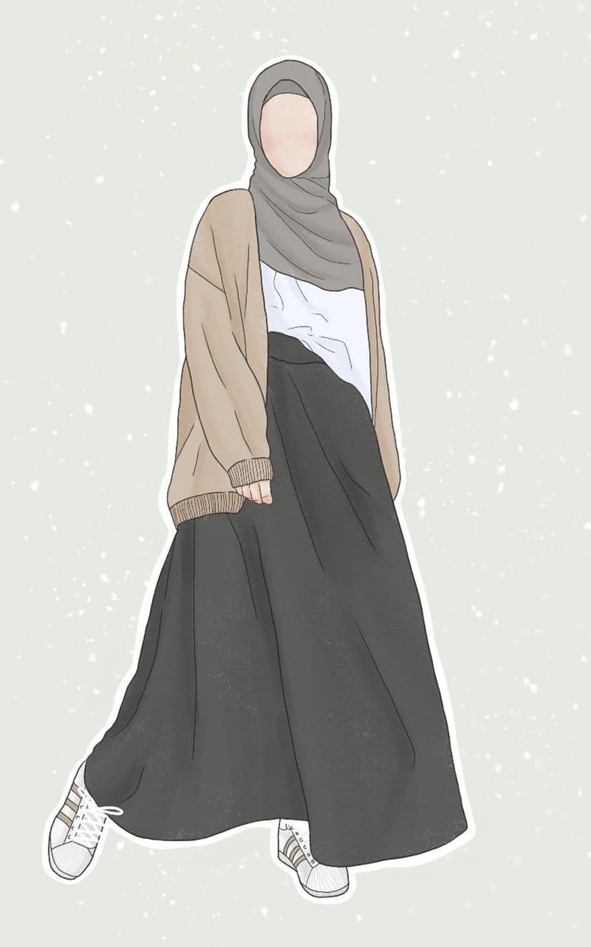 Woman in a gray hijab, beige cardigan, and long black skirt standing against a light gray speckled background.