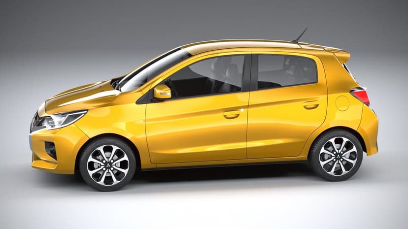 Yellow Mitsubishi Mirage hatchback side view on a grey background with two-tone alloy wheels and metallic paint.
