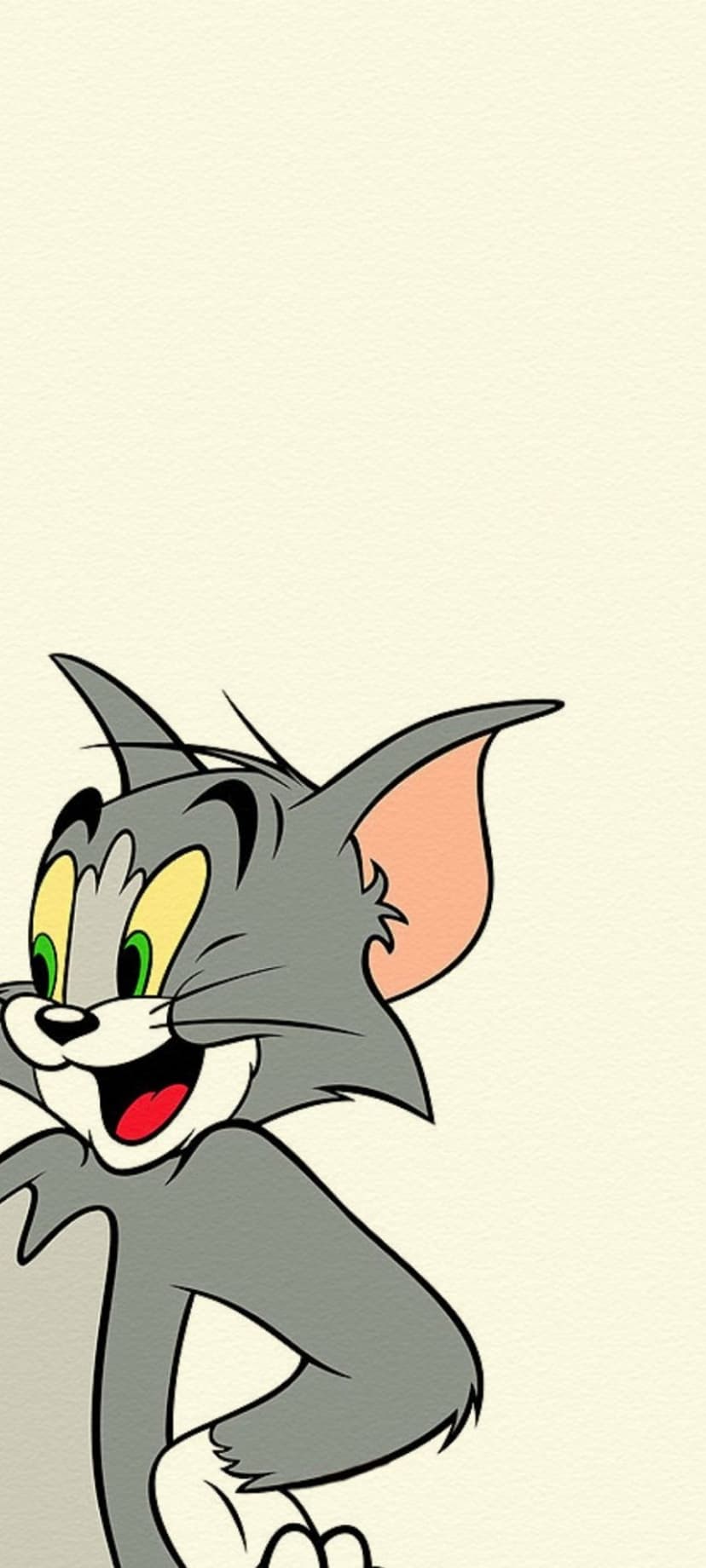 Tom the cat smiles widely with green eyes and gray fur against a textured cream background for mobile screens.
