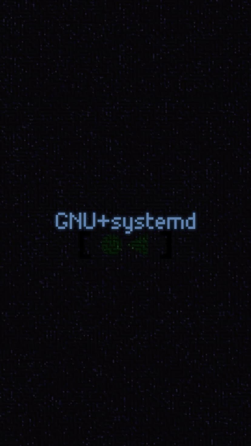 GNU plus systemd text in blocky green pixels displayed on a speckled black terminal boot screen background.