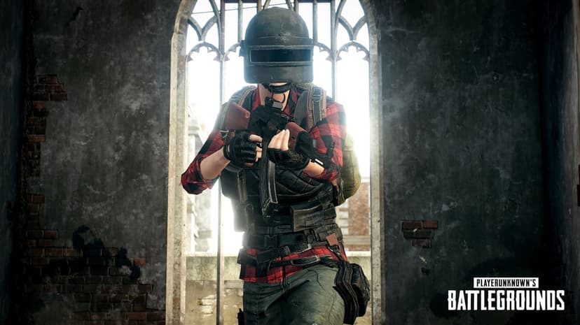 PUBG character in Spetsnaz helmet holding a rifle against a bright arched window in a ruined stone building.