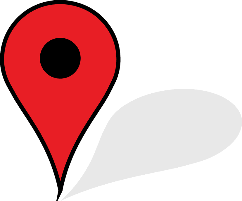 Red location pin marker featuring a solid black center dot and sharp bottom point on a transparent base.