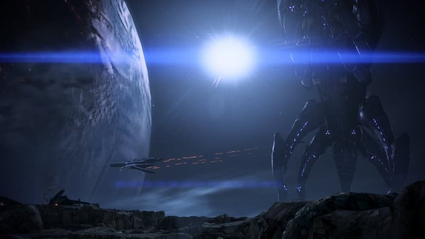 Giant three-legged robotic Reaper stands on a dark moon with a brilliant blue sun and planet in the background.