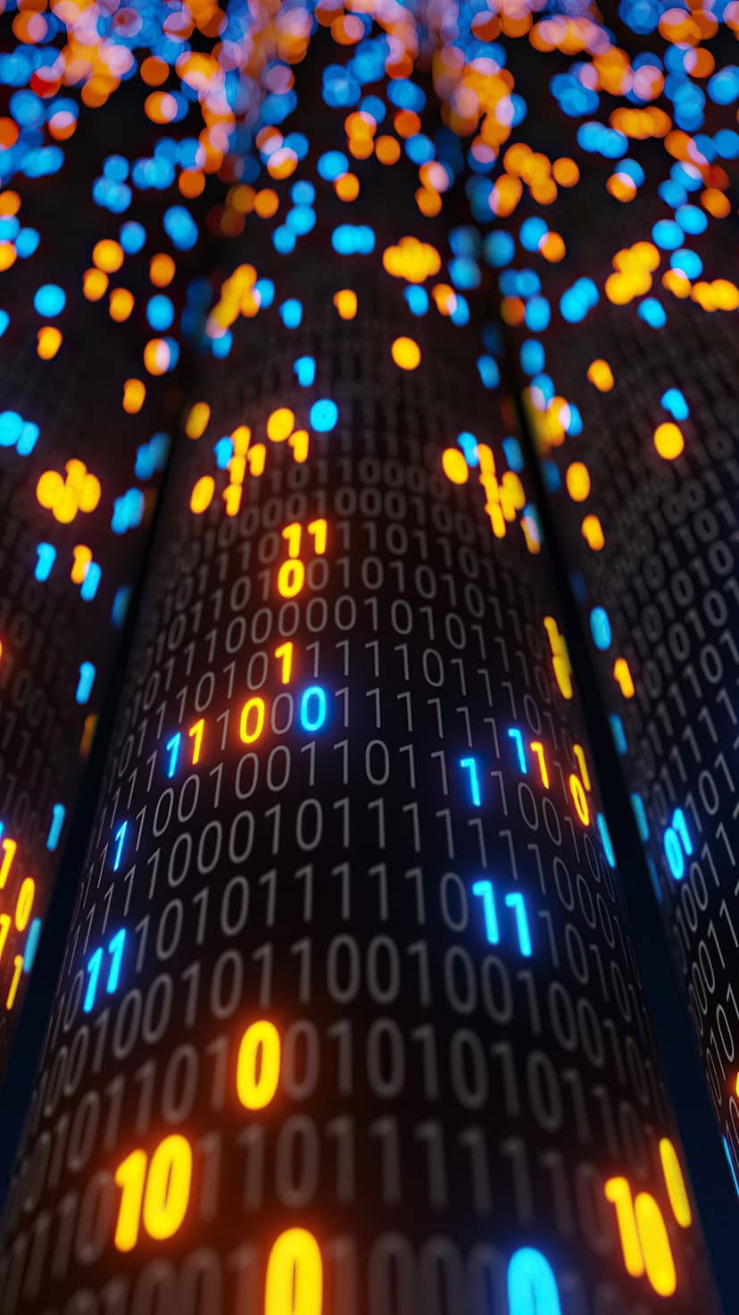 Blue and orange binary digits flow in vertical columns through a dark field with soft glowing bokeh light orbs.
