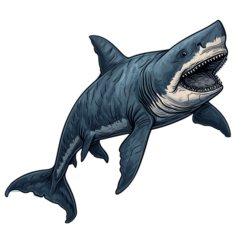 Great White Shark illustration featuring an open mouth with sharp white teeth against a black background.