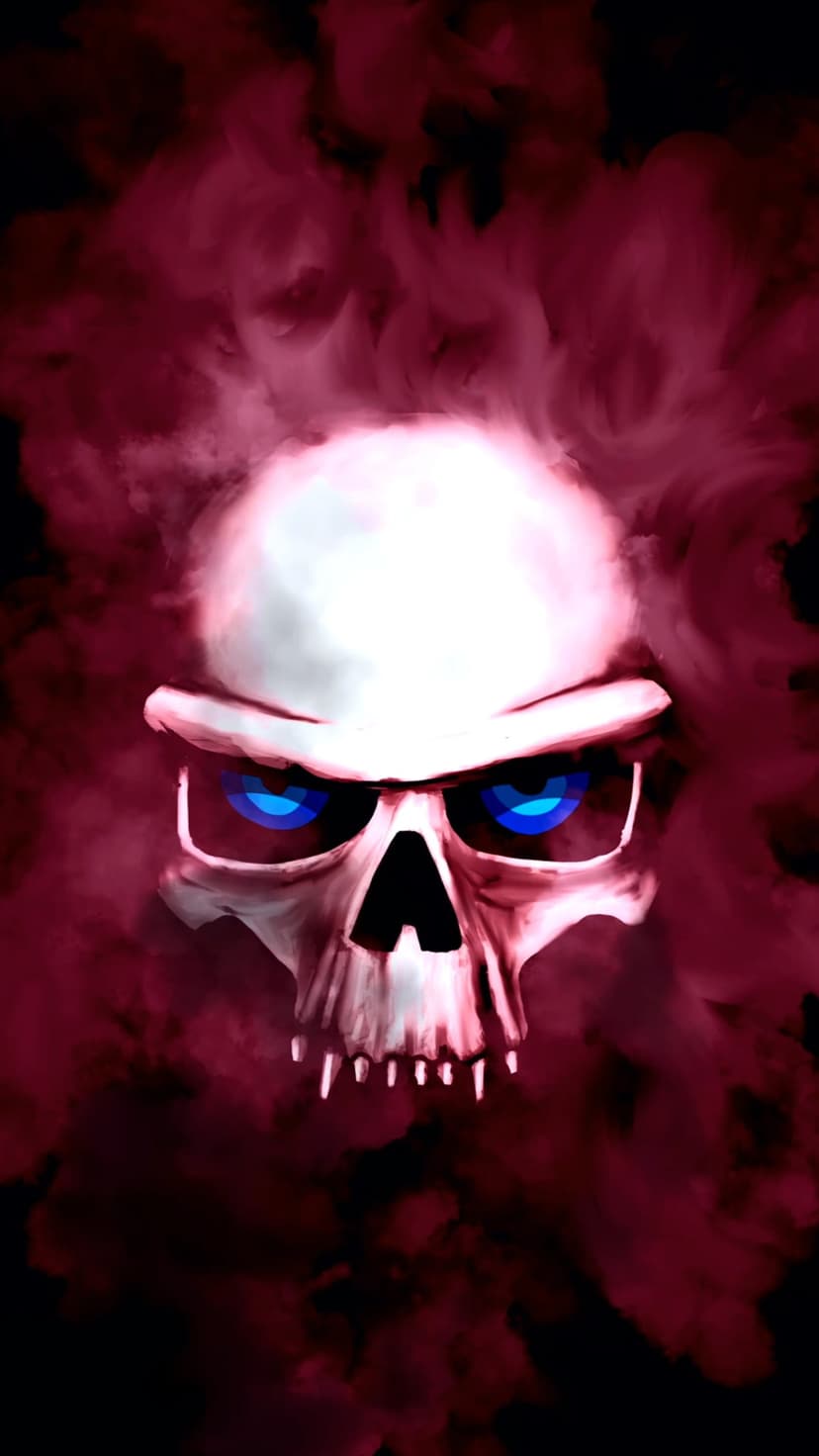 Human skull with glowing cyan eyes surrounded by swirling layers of translucent red smoke against a dark backdrop.