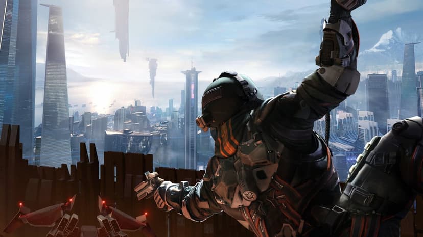 Futuristic soldier in tactical gear hanging from a wooden ledge over a sunlit high-tech coastal city.